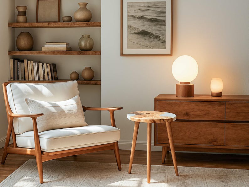 May include: A cozy living room scene featuring a wooden armchair with a white cushion and pillow, a small round side table, and a wooden cabinet. A globe lamp and a framed picture of ocean waves add to the room's ambiance.