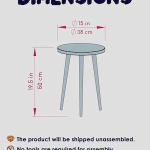 May include: A small, round side table with a light blue top and three legs. The table's dimensions are displayed: 15 inches in diameter and 19.5 inches high. The word "DIMENSIONS" is at the top of the image.