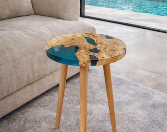 Oval Olive Wood Epoxy Bedside Table, Resin Deep Blue River Side Table, Round Coffee Table