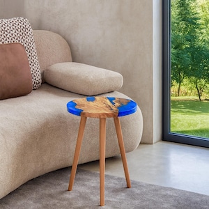 Ocean Epoxy Coffee Table Made of Olive Wood: Personalized Round Blue River Epoxy Resin Side Table image 11