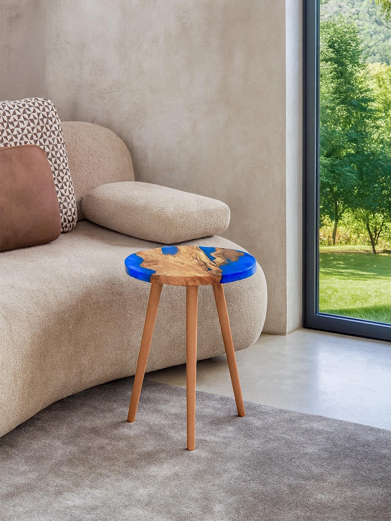 Ocean Epoxy Coffee Table Made of Olive Wood: Personalized Round Blue River Epoxy Resin Side Table image 11