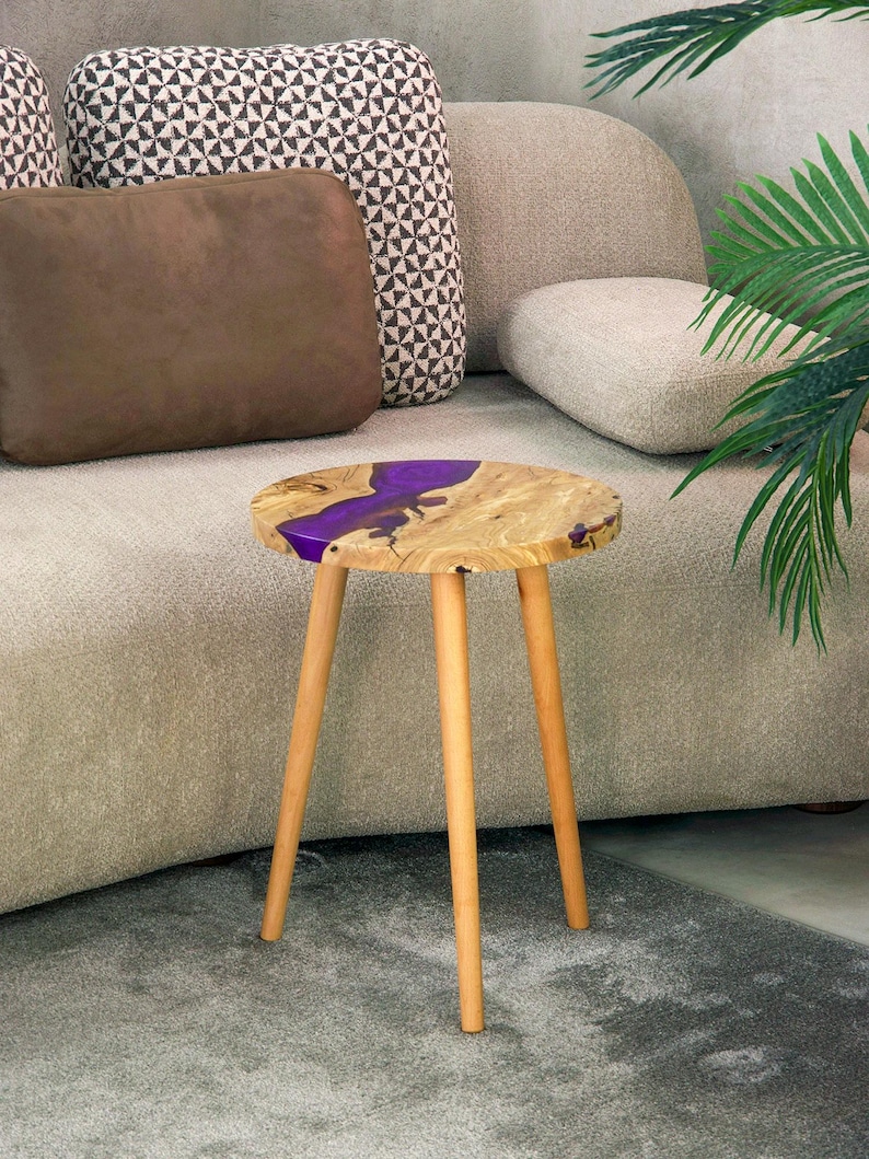 Ocean Epoxy Coffee Table Made of Olive Wood: Personalized Round Blue River Epoxy Resin Side Table Pearl Purple