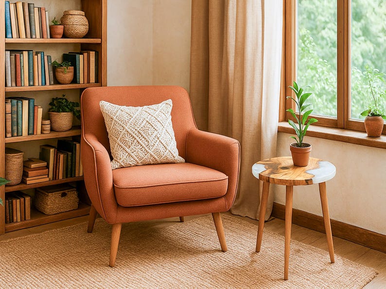 May include: An orange armchair with a cream-colored macrame pillow sits next to a small wooden side table with a plant. A wooden bookshelf filled with books and plants is in the background. The room has a warm, inviting atmosphere.