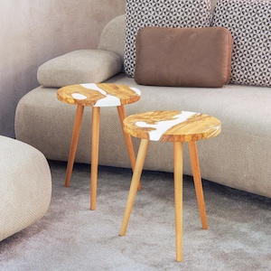Ocean Epoxy Coffee Table Made of Olive Wood: Personalized Round Blue River Epoxy Resin Side Table image 17