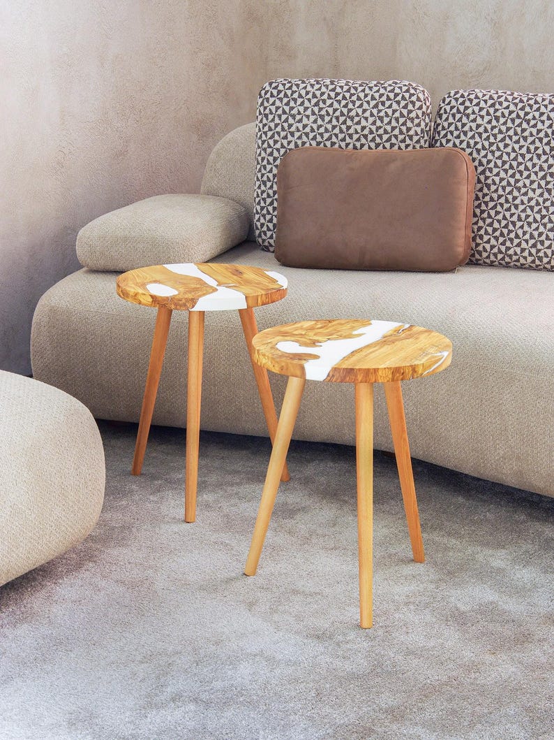 Ocean Epoxy Coffee Table Made of Olive Wood: Personalized Round Blue River Epoxy Resin Side Table image 17