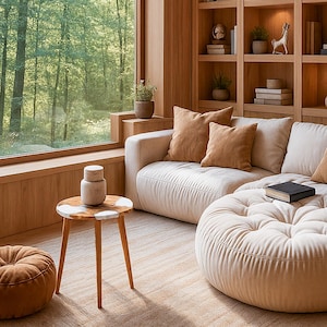 May include: A cozy living room scene with a large window overlooking a forest. Features a cream-colored sofa with brown pillows, a round ottoman, and a small side table. A small brown pouf sits on the floor. The room has wooden accents.