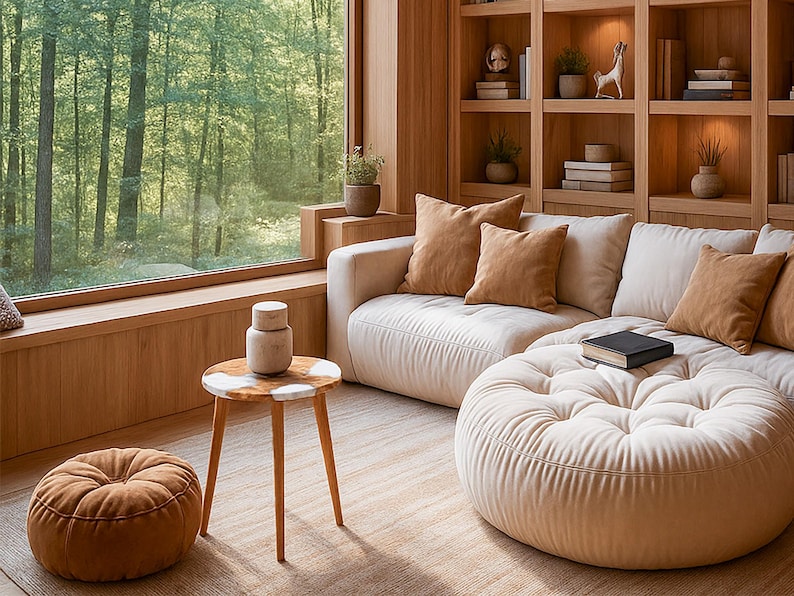 May include: A cozy living room scene with a large window overlooking a forest. Features a cream-colored sofa with brown pillows, a round ottoman, and a small side table. A small brown pouf sits on the floor. The room has wooden accents.