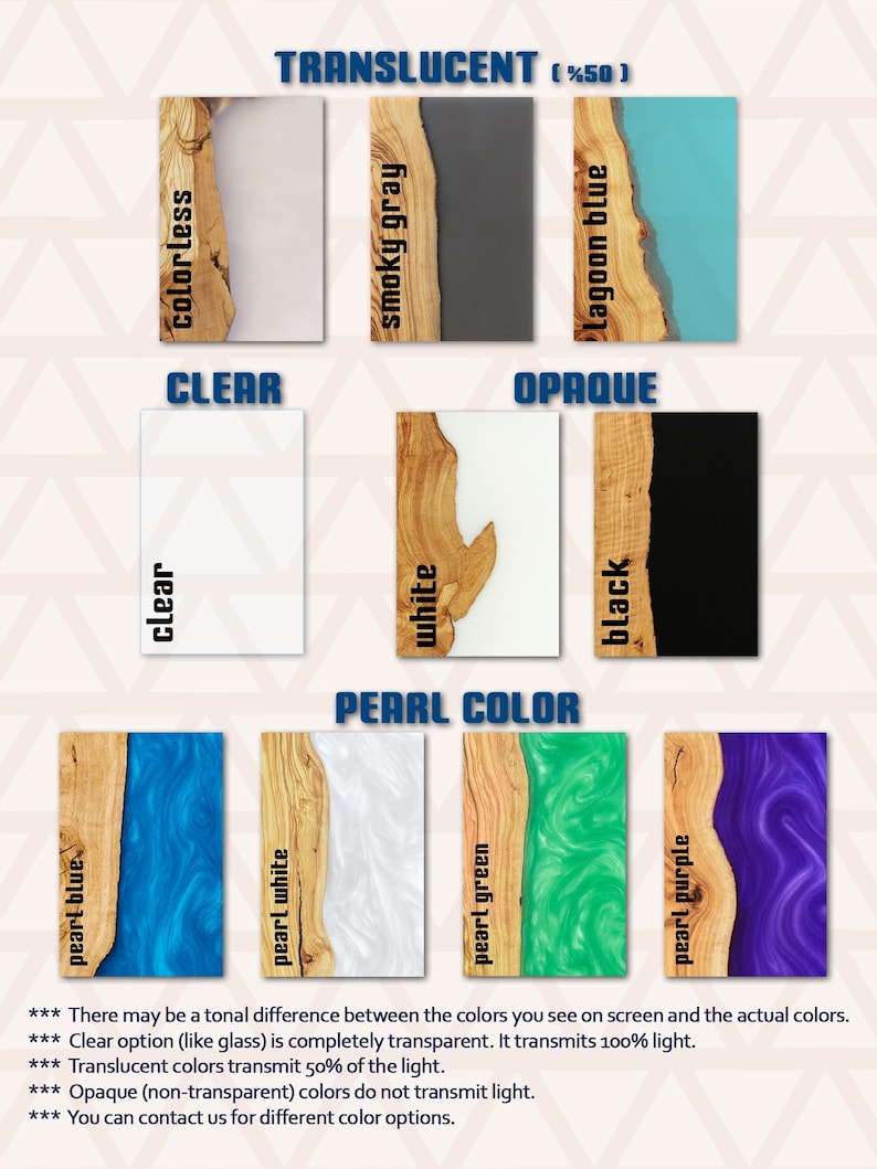 May include: A product color chart featuring various color options. The chart includes translucent, clear, opaque, and pearl colors. Each color sample is a rectangle with a wooden edge and a colored resin center. Text on the chart describes the color types.