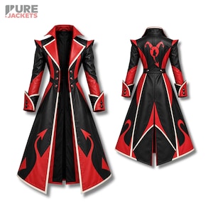 Puede incluir: Un abrigo largo en negro y rojo con ribetes blancos, mostrado de frente y de espaldas. El diseño presenta solapas puntiagudas, botones cruzados y un gráfico de cola de diablo roja en la parte posterior. El logo de Pure Jackets es visible.