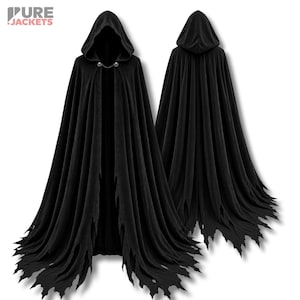 May include: A black hooded cloak featuring a jagged, distressed hemline and a metal chain closure at the neck with two circular accents. The garment is displayed from both the front and back angles, showcasing the full-length, flowing fabric design.