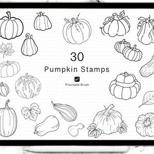 Peut inclure: Un ensemble de 30 tampons de citrouille noirs et blancs à utiliser avec un pinceau Procreate. Les tampons présentent différentes formes et tailles de citrouilles, dont certaines avec des tiges et des feuilles.