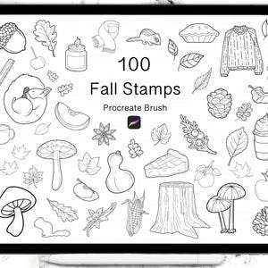 May include: A set of 100 black and white autumn themed stamps for Procreate. The stamps include images of leaves, acorns, pumpkins, mushrooms, squirrels, a cup of coffee, a pie, a jumper, a tree stump, and more.