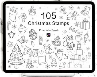 May include: A set of 105 black and white Christmas stamps for Procreate. The stamps include a variety of festive images, such as a Christmas tree, Santa Claus, presents, and snowflakes.