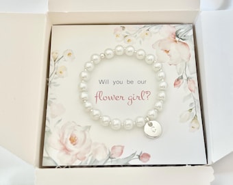 Flower girl proposal gift box flower girl pearl bracelet flower girl personalized gift girl white pearl bracelet flower girl gift ideas