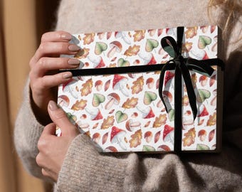 Papel de regalo con estampado de setas, papel de regalo botánico estilo cottagecore, papel de regalo con estampado de setas y naturaleza.