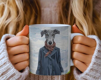Helen Greyhound Mug, Winter Dog Coffee Mug, Greyhound Tea Cup, Dog Lover Mug, Animal Art Ceramic Mug