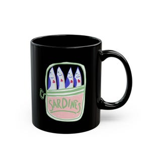 Black Ceramic Mug with Colorful Sardines Tin in 11 oz or 15 oz