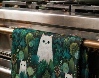 Paño de cocina con diseño de gato del bosque místico / Gatos blancos, diseño botánico del bosque / Toalla de cocina verde / Toalla de cocina artística de algodón, ideal para regalar