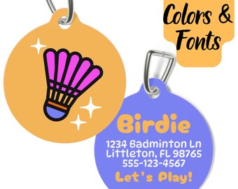 Etiqueta de identificación para mascotas personalizada con forma de pájaro de bádminton: etiqueta colorida con forma de volante para perros y gatos
