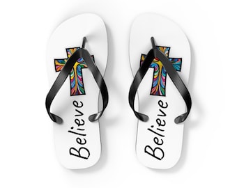 Colorful Stained Glass Cross Believe Flip Flops | Christian Faith Sandals