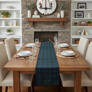 Plaid Table Runner, Cotton Poly Blend- Navy and Green, Traditional Dining Decor, Holiday Dinner, Farmhouse Kitchen Linens, Table Linen