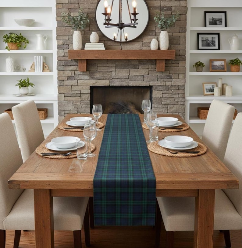 Plaid Table Runner, Cotton Poly Blend- Navy and Green, Traditional Dining Decor, Holiday Dinner, Farmhouse Kitchen Linens, Table Linen