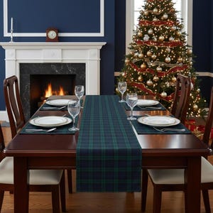 Plaid Table Runner, Cotton Poly Blend- Navy and Green, Traditional Dining Decor, Holiday Dinner, Farmhouse Kitchen Linens, Table Linen