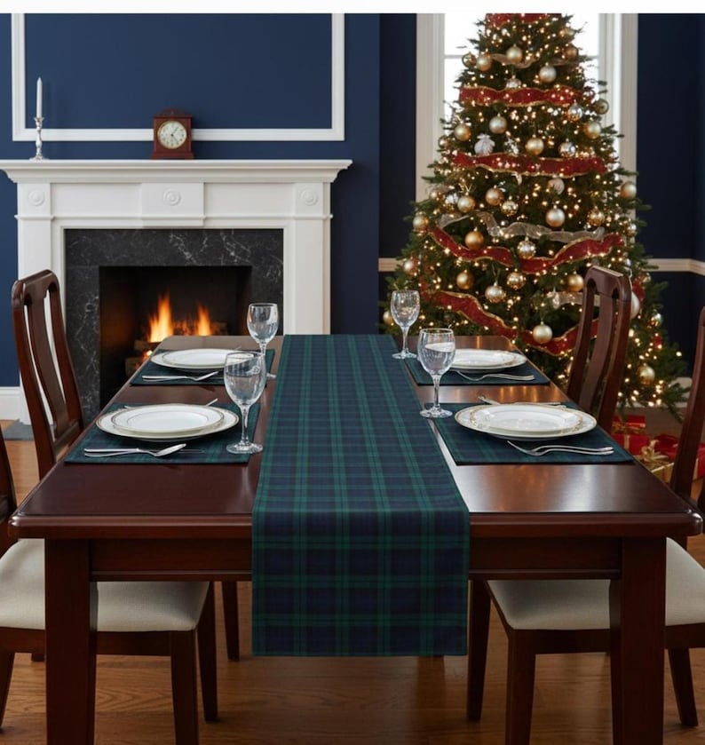 Plaid Table Runner, Cotton Poly Blend- Navy and Green, Traditional Dining Decor, Holiday Dinner, Farmhouse Kitchen Linens, Table Linen