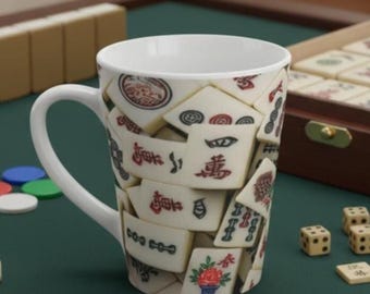 Mahjong Tiles Latte Mug | Mahjong Pattern Coffee Cup, Ceramic Game Tiles Design