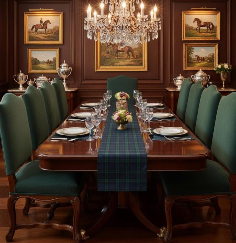 Plaid Table Runner, Cotton Poly Blend- Navy and Green, Traditional Dining Decor, Holiday Dinner, Farmhouse Kitchen Linens, Table Linen