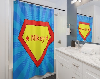Shower Curtain Kids, Superhero Kids Bathroom Decor, Custom Name Gift, Fun Bathroom Accessories, Superhero Theme