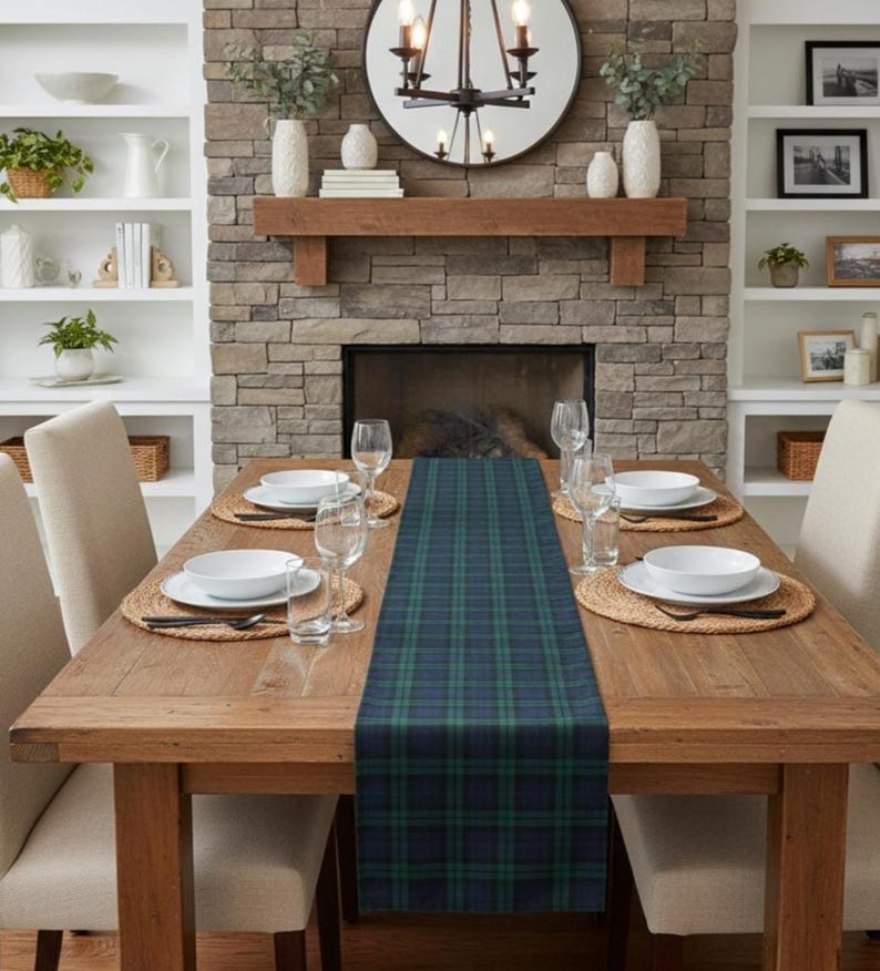 Plaid Table Runner, Cotton Poly Blend- Navy and Green, Traditional Dining Decor, Holiday Dinner, Farmhouse Kitchen Linens, Table Linen Ralph Lauren style