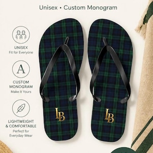 May include: A pair of flip flops featuring a dark green and navy blue tartan plaid pattern with black straps. Each sandal displays a gold-colored monogram with the letters IB. The text on the image reads Personalized Tartan Flip Flops, Unisex, Custom Monogram, Unisex Fit for Everyone, Custom Monogram Make it Yours, Lightweight & Comfortable, and Great Gift for Any Occasion.