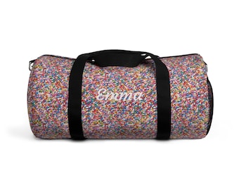 Personalized Rainbow Confetti Name Duffel Bag | Emma Script Monogram