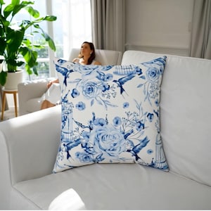 Blue Floral Faux Suede Pillow Cover, Home Decor, Gift for Her, Couch Cushion, Boho Style, Vintage Chic Accent
