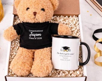 Regalo de graduación: juego de taza y oso de peluche personalizados, set de regalo de graduación personalizado con tarjeta de felicitación personalizada.