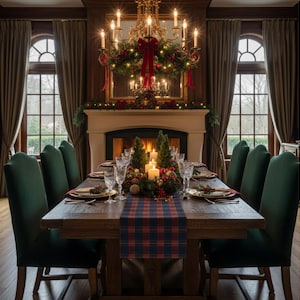 Pode incluir: Uma sala de jantar festiva com uma longa mesa de madeira montada para uma refeição festiva. A mesa é adornada com um corredor xadrez, velas e vegetação. Cadeiras verdes estofadas circundam a mesa. Um lustre e uma lareira contribuem para o ambiente acolhedor.