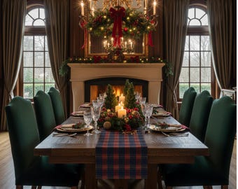 May include: A festive dining room scene with a long wooden table set for a holiday meal. The table is adorned with a plaid runner, candles, and greenery. Green upholstered chairs surround the table. A chandelier and fireplace add to the warm ambiance.