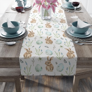Watercolor Easter Bunnies and Eggs Table Runner, Easter Runner, Springtime Runner, Spring Table Design