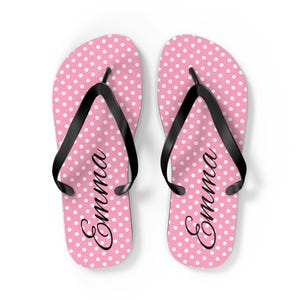 Personalized Polka Dot Name Flip Flops | Pink Script Custom Sandals