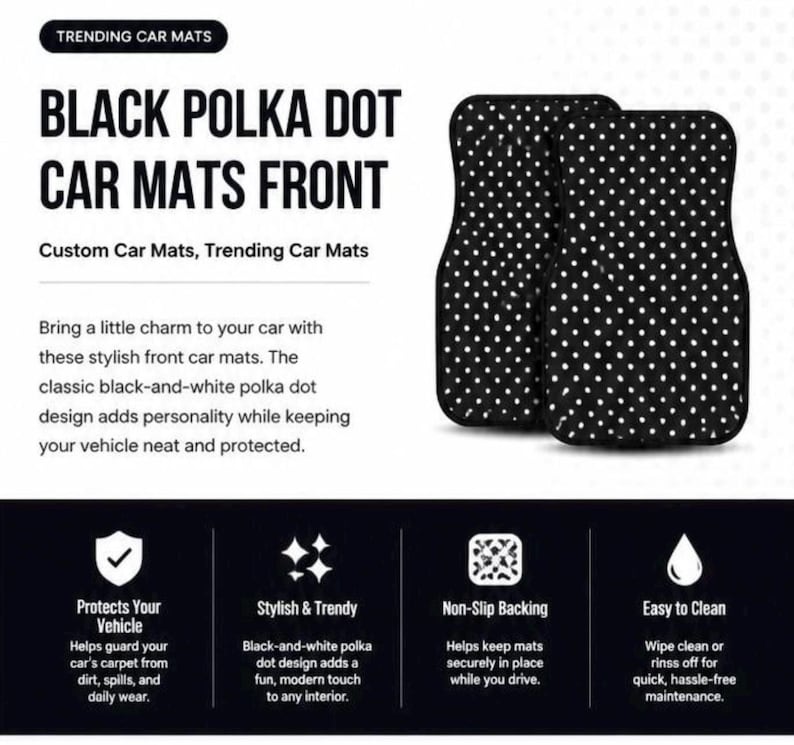 Black Polka Dot Car Mats, Cute Car Floor Mats Front, Preppy Car Accessories for Women, Retro Polka Dot Car Decor, Car Gift