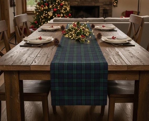 Plaid Table Runner, Cotton Poly Blend- Navy and Green, Traditional Dining Decor, Holiday Dinner, Farmhouse Kitchen Linens, Table Linen