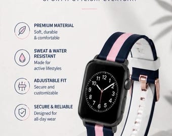 Correa para Apple Watch a rayas azul marino y rosa, correa deportiva de silicona estilo preppy, correa náutica para mujer, regalo para ella, compatible con relojes de 38 a 49 mm.