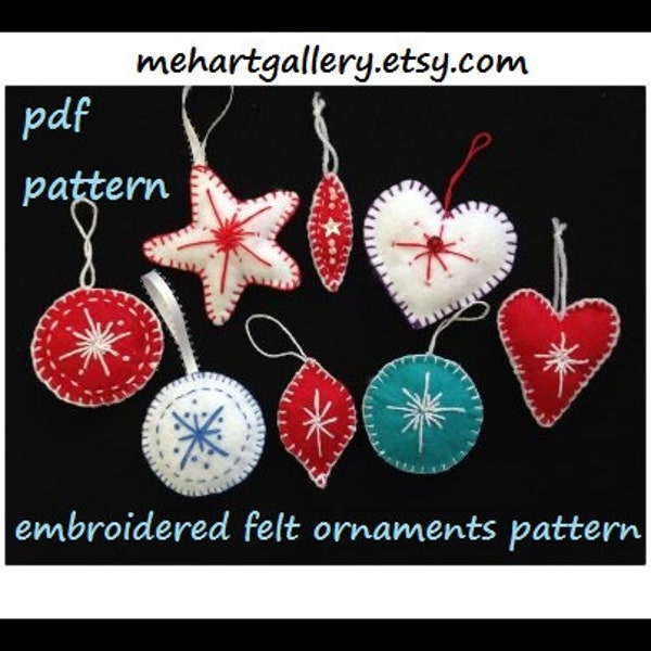 EMBROIDERED FELT Christmas ORNAMENTS, Pdf instant download pattern, 6 shapes, Tree ornaments, Holiday Decor, Scandanavian Nordic decorations