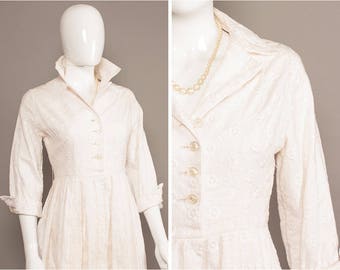 Vintage 1950s GRACE KELLY Style Embroidered White Dress UK 10-12
