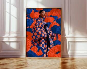 モダンな花柄のファッションポートレート、デジタルプリント、大胆なウォールアート