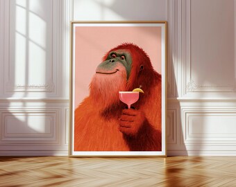カクテルを持ったオランウータンのポスター、デジタルウォールアートプリント、バーの装飾