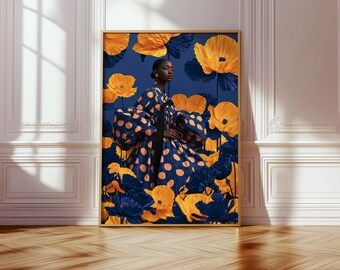 黄色と青のポピー柄ファッションプリント、デジタルポスター、植物画ウォールアート
