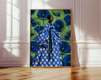 モダンな肖像画、緑と青のファッションプリント、植物画の壁掛けアート、デジタルポスター