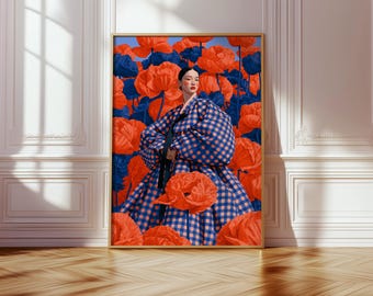 青と赤のモダンな肖像画、デジタルポスター、ウォールアートプリント